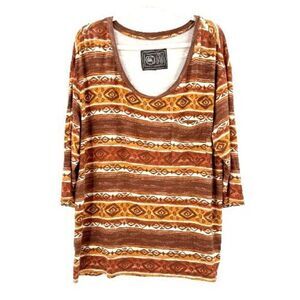 CHI By FALCHI Southwest Aztec Design 3/4 Sleeve Shirt Blouse Top Women 2XL Brown